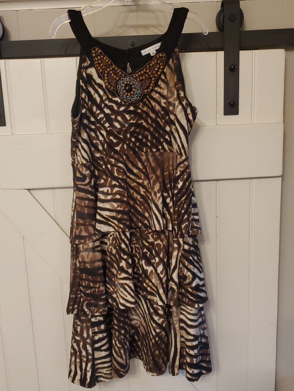 Beaded-Neck Animal Print Tiered Dress - Brown